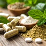 Herbal supplements on wooden surface